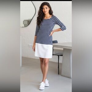 BAILY 44 Dress Gray White Vegan Leather Striped Shift Jersey Knit Boat Sz
Medium